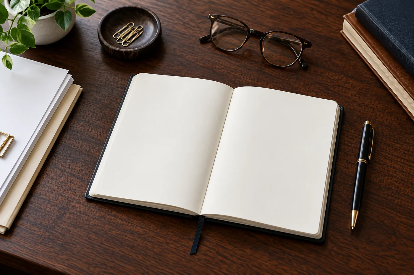 An open notebook, glasses, and organized papers on a wooden desk