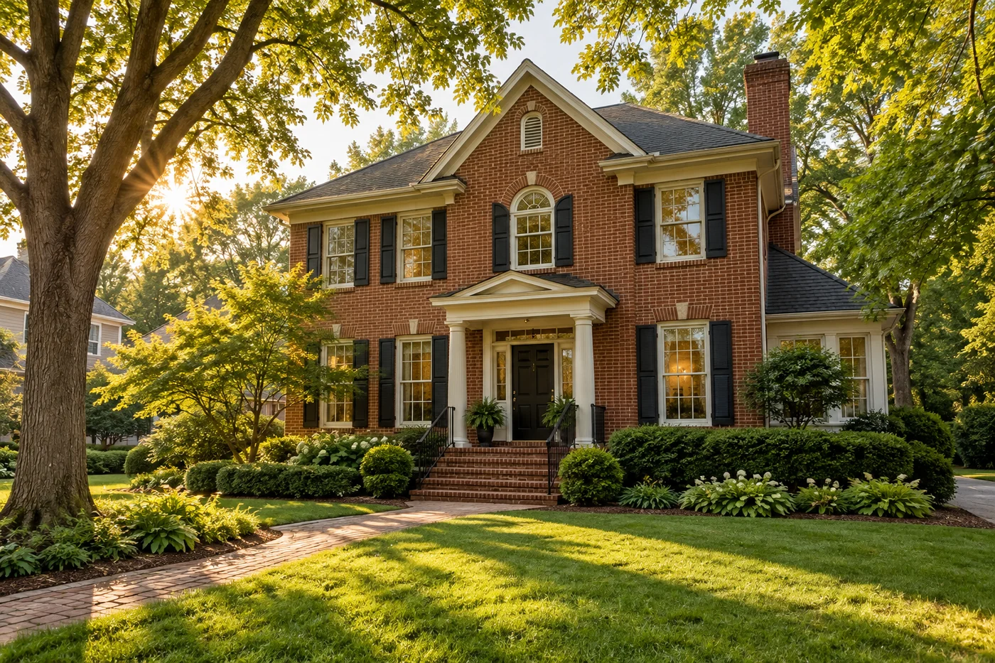 A brick home surrounded by mature trees in afternoon sunlight